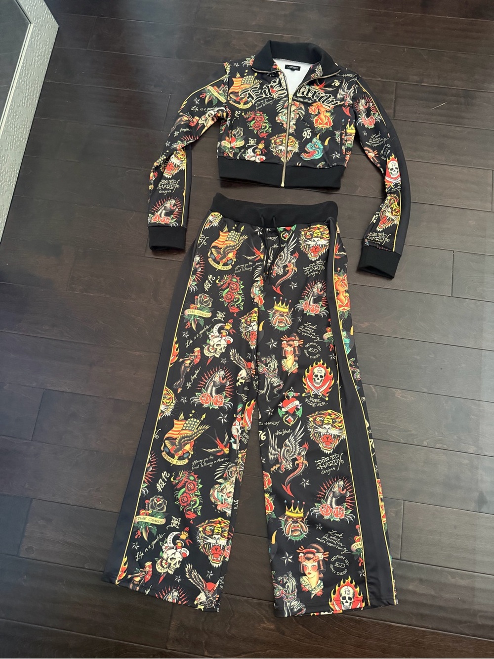 Ed Hardy Black Tattoo Print Zip Crop Jacket & Wide Leg Pants Set Track Suit